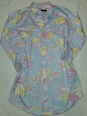Lauren Ralph Lauren Floral Shirt Womens S Blue Pink Cotton Button Lounge Night